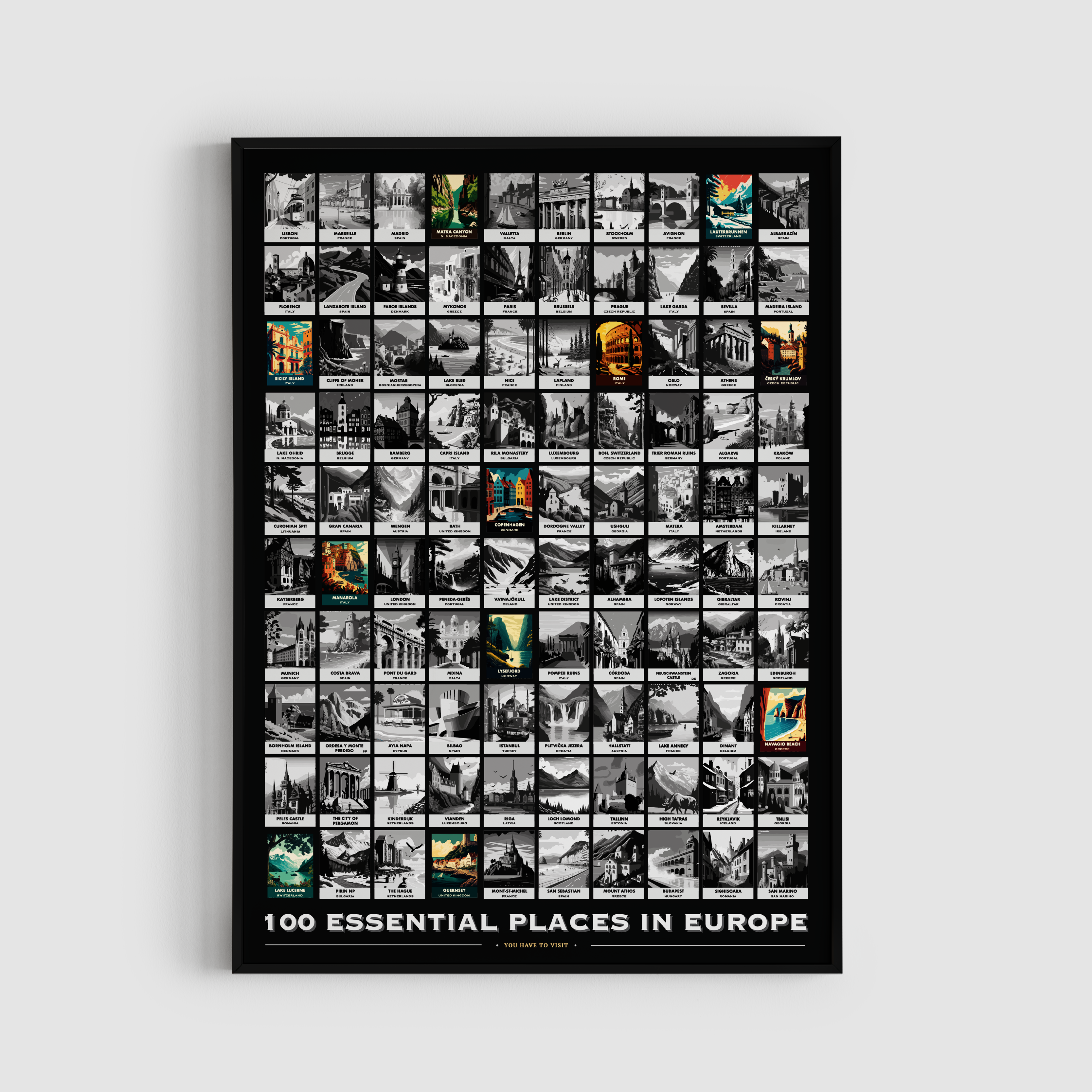 100 Essential Places in Europe Scratch Poster
