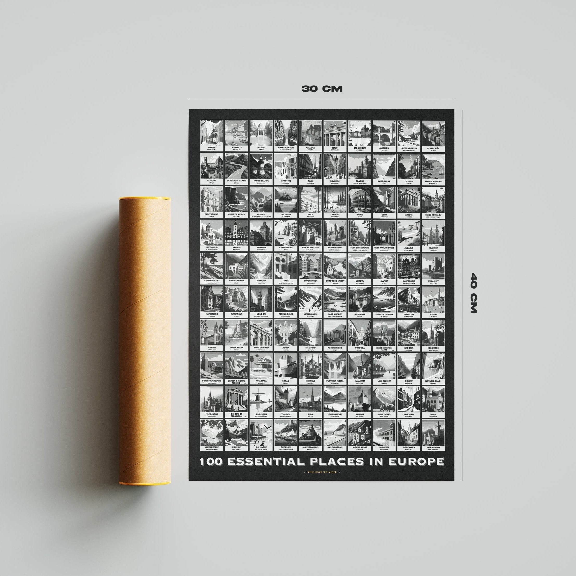 100 Essential Places in Europe Scratch Poster