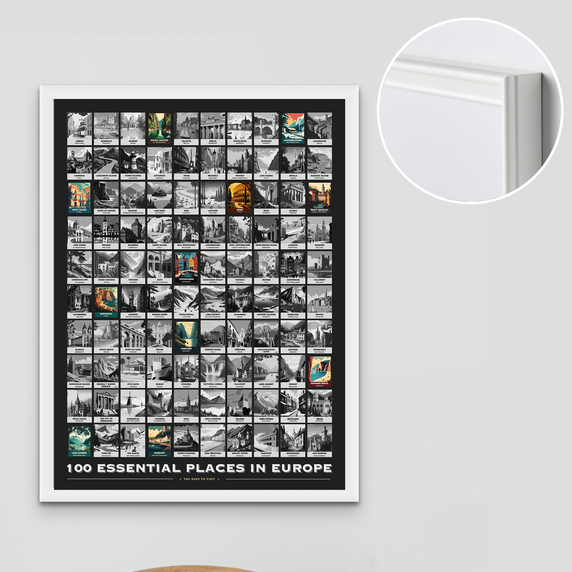 100 Essential Places in Europe Scratch Poster